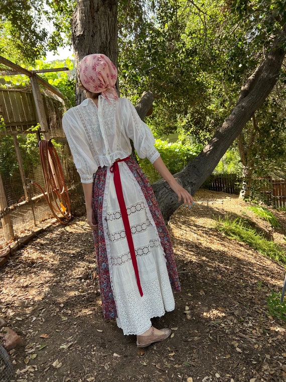 Vintage Cotton Floral Print Apron Skirt Cottage C… - image 4