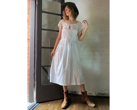 Vintage White Cotton Victorian Nightgown Dress wit
