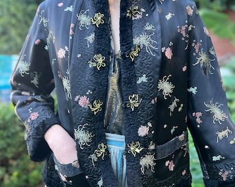 Vintage Reversible Chinoiserie Silk Floral Faux Fur Jacket Vintage Bed Jacket