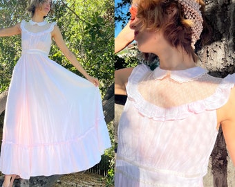 Vintage Pale Pink Cotton Prairie Style Maxi Dress with Lace and Ruffle Details and a Rounded Collar