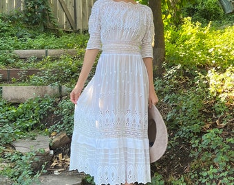 Vintage White Cotton Victorian Maxi Dress with Eyelet Lace Detail Edwardian Antique Dress