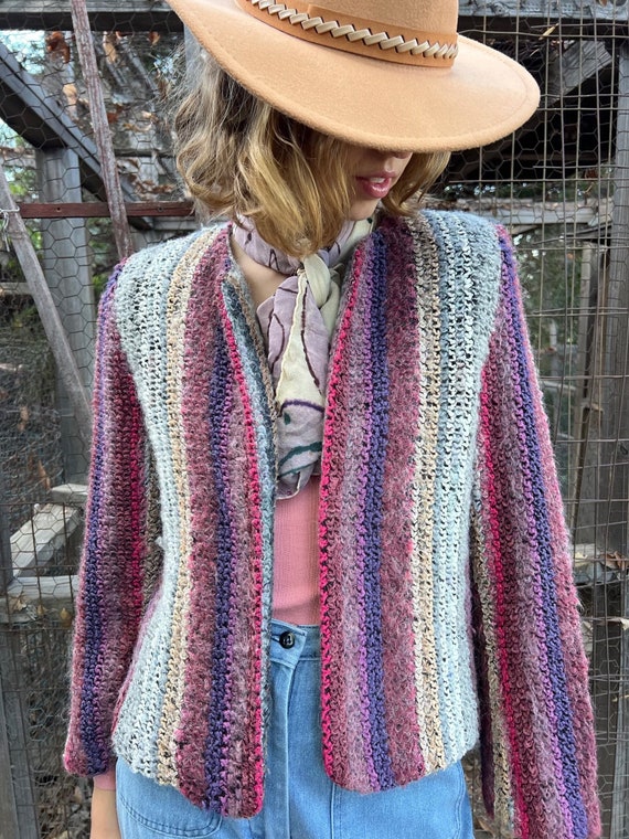 Buy Vintage Textured Knit Cropped Sweater Jacket Vintage Striped
