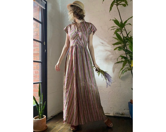 Vintage 1940s Crepe Taffeta Plaid Maxi Dress Rainb
