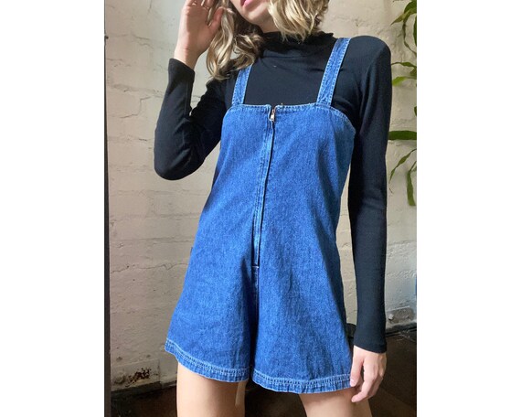 Vintage 90s ESPRIT Dark Denim Zip Up Romper with P