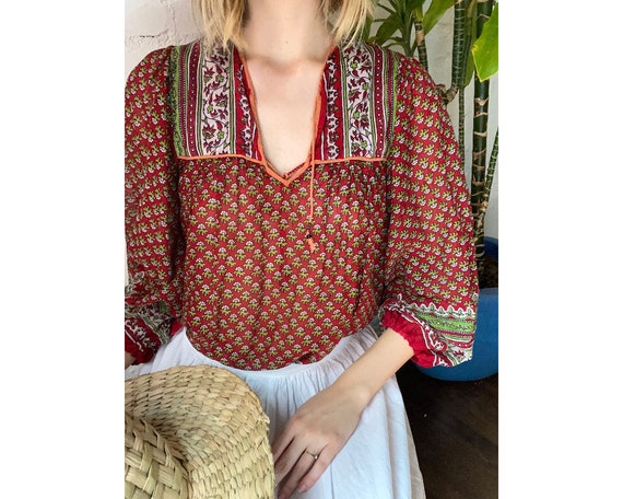 Vintage Indian Cotton Red and Green Floral Block P