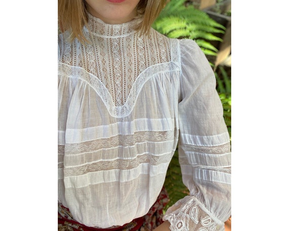 Vintage White Cotton High Neck Victorian Blouse wi