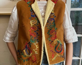 Vintage 1970s Faux Suede and Shearling Vest with Multi Colored Embroidery