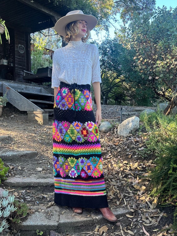 Vintage 1970s Granny Square Hand Knit Skirt Vintag