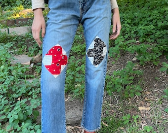 Vintage Levis 504 with Patchwork Details Straight Leg Jeans Boho Bohemian