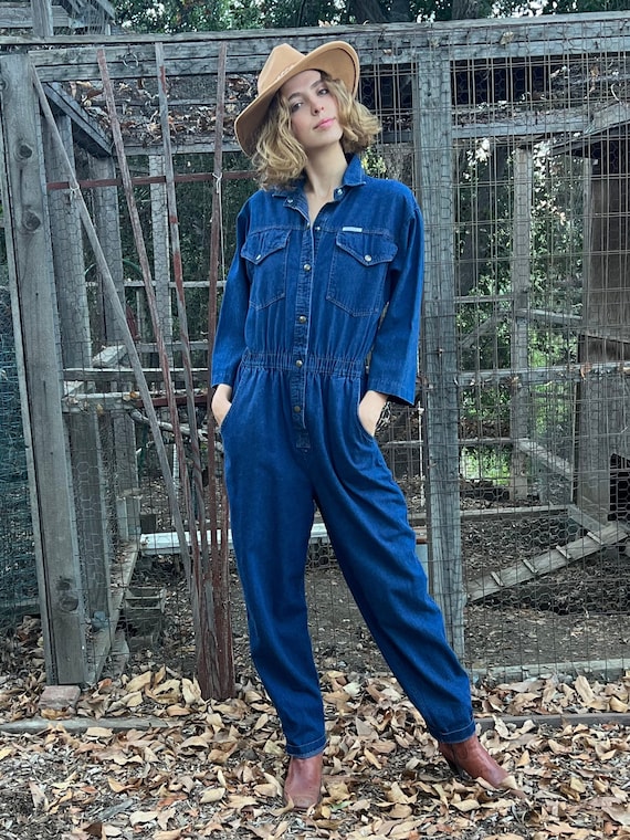 Vintage Denim Long Sleeve Jumpsuit with Snaps Up … - image 1