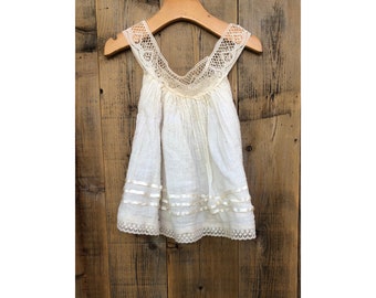 Mexican Girl's Beige Cotton Gauze Swing Tank Top With Lace Neckline and Ribbon Trim