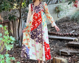 Vintage 1970s Silk Patchwork Long Sleeve Maxi Dress Boho bohemian Dress