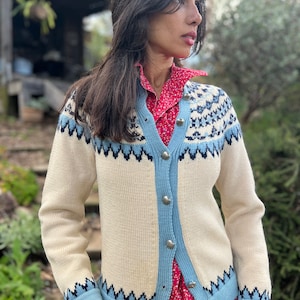Vintage Icelandic Wool Cardigan Sweater with Silver Stamped Buttons