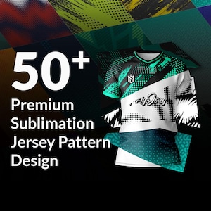 Könnte beinhalten: 50+ Premium Sublimations-Trikot-Muster-Designs. Ein weißes und türkisfarbenes Trikot mit einem schwarz-weißen Grafikdesign. Das Trikot hat ein schwarz-weißes Grafikdesign mit dem Text "My Jersey" auf der Vorderseite.