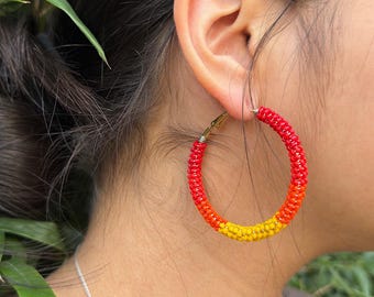 Sunset Beaded Hoop Earrings — 50mm Handmade Hoops | Red + Orange + Yellow Gradient | Statement Beaded Jewelry |
