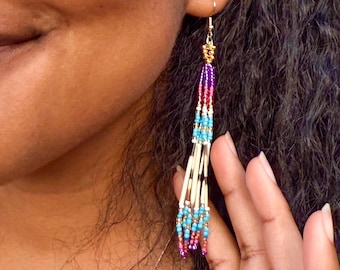 Authentic Porcupine Quill Beaded Dangle Earrings | Purple, Pink, Blue, Gold, White | Handmade Native Jewelry |