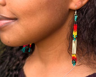 Authentic Porcupine Quill Beaded Dangle Earrings | Red, Orange, Yellow, Black, Teal, | Handmade Native Jewelry