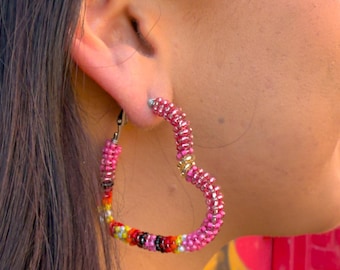 Pink Beaded Heart Hoop Earrings — Handmade Beadwork, Valentine Earrings , SMALL &  MEDIUM SIZES