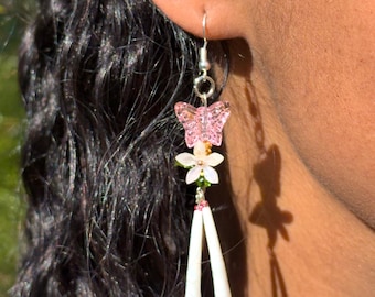 Butterfly in the Garden Earrings | Dentalium Shell Dangles 3” | Floral Native Jewelry | Lightweight Statement