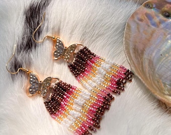 Butterfly Fringe Beaded Earrings | Handmade Native Beadwork | Dangle Earrings | Indigenous Artisan Jewelry | Lightweight Statement