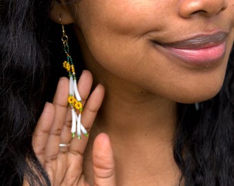 Sunflower Dentalium Dangle Earrings | 4” Handmade Native Beaded Earrings | Lightweight Statement Jewelry | Good Medicine