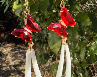 Butterfly Charm Dentalium Earrings | Native Made Dangle Earrings | Handmade