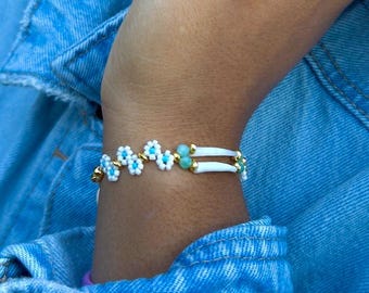 Native Made Dentalium Shell Bracelet | Daisy Chain, Gold Accents | Auntie P's Bracelet