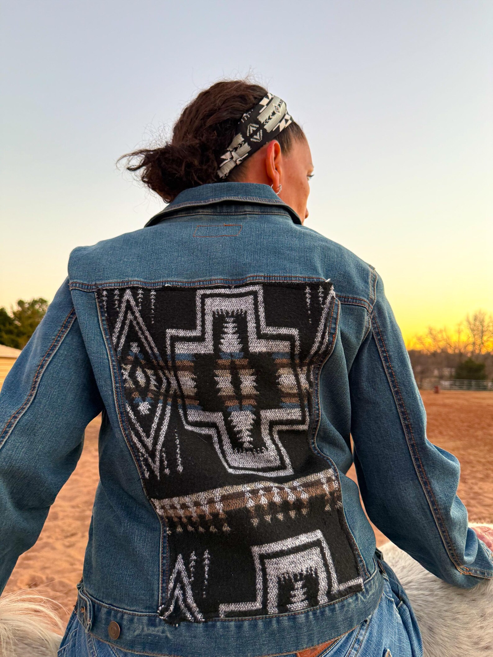 Native American Geometric Print Jean Jacket | Black and White ...
