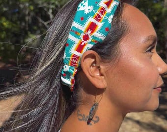 Geometric Cross Motif/4 Directions Print | Native American Made Headband | Red, Purple, Teal |
