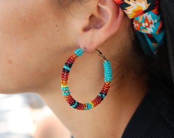 Native American Beaded Hoop Earrings: Teal, Orange, Red, & Yellow | 50 MM Size Hoops |