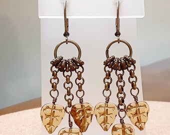Vintage Style Czech Glass Leaf Earrings in Topaz with Gold Inlay