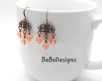 Victorian Style Earrings in Peach Czech Glass Beads with Filigree Links