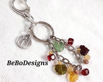 Handmade Keychain Zipper Pull Czech Glass Beads Red Honey Gold Greens Yellow