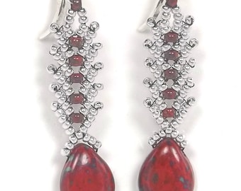 Czech Flat Pear Beaded Earrings-Bead Woven Earrings-Seed Bead Earrings-St Petersburg Stitch Earrings-Red Picasso Earrings