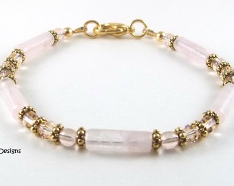 Rose Quartz Gemstone Bracelet, Swarovski Crystal & Czech Glass