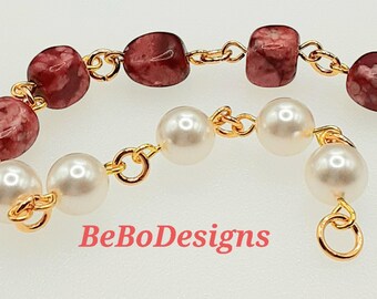 Pink Crazy Lace Agate and White Glass Pearl Bracelet