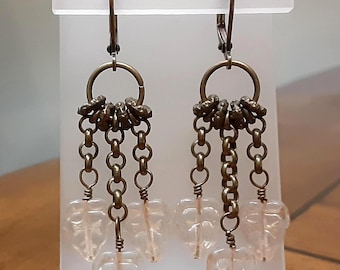 Vintage Style Czech Glass Leaf Earrings in Champagne Luster Beige