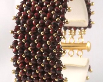Beaded Cuff Bracelet Chenille Stitch Hand Woven Red Picasso Seed Beads