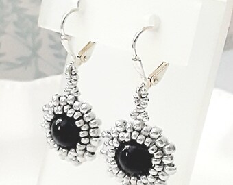 Hand Woven Seed Bead Earrings with Black Glass Pearl and Silver Seed Beads