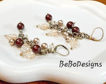 Hand-Wrapped Czech Glass Leaf Earrings: Swarovski Crystals, Pearls (Lever Back) Maroon, Golden Shadow and Bronze