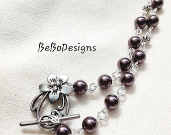 Vintage Style Swarovski Beaded Necklace Wire Wrapped Burgundy Glass Pearls Flower Toggle Clasp
