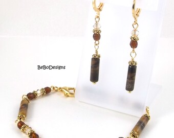 Minimalist Vintage Style Tiger Eye Gemstone Station Bracelet-Layering Bracelet-Stacking Bracelet-Delicate Bracelet + Earrings