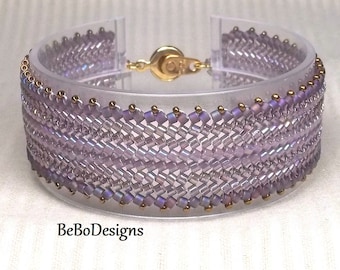Bead Woven Flat Herringbone Bracelet-Beaded Cuff Bracelet-Seed Bead Bracelet-Amethyst and Lavender Bracelet