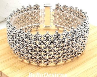 Beaded Cuff Bracelet, Chenille Stitch, Hand Woven, Silver