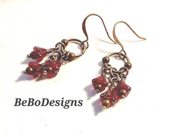 Premium Czech Red Bellflower Beaded Earrings with Bronze Metals