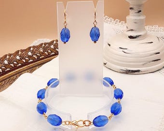 Blue Faceted Beaded Bracelet and Earrings Set: Gold Plated, 7 Inch