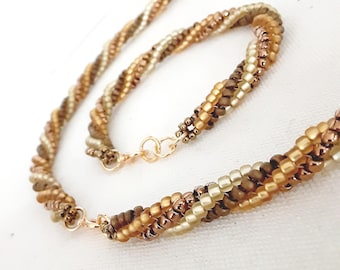 Seed Bead Necklace Twisted Herringbone Hand Woven Bronze Amber and Brown Matching Bracelet