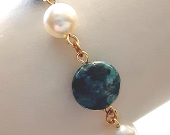 Blue Agate and Swarovski White Pearl Beaded Chain Link Bracelet Made by Hand