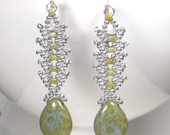 Hand Woven Seed Bead Earrings: Czech Pear, Sterling Silver, St Petersburg Stitch