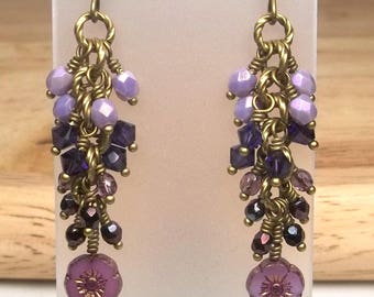 Long Dangle Cluster Earrings with Czech Fire Polished Beads and Swarovski Crystals in Purple